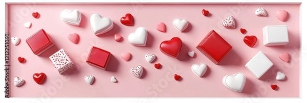 Fototapeta festive banner of hearts and boxes on a pink background. Valentine's Day. Copy space
