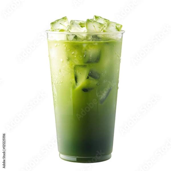 Fototapeta Isolated iced matcha latte in clear plastic cup