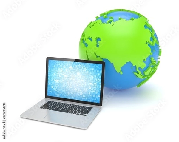 Fototapeta Laptop network and earth globe. 3d render