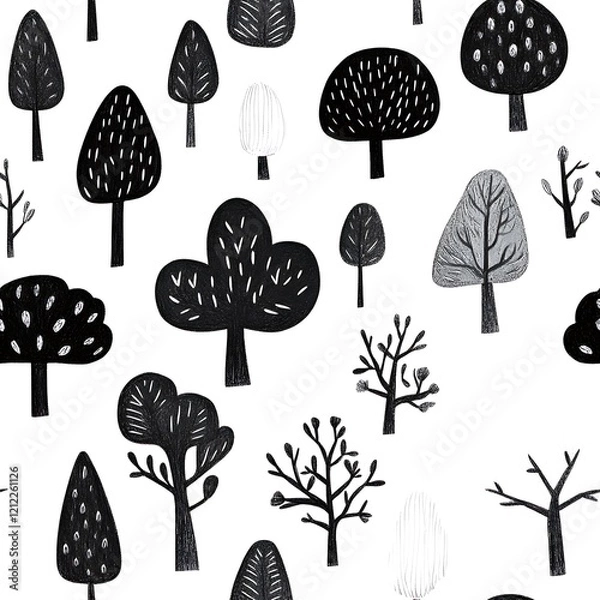 Fototapeta A whimsical collection of hand-drawn trees and plants creating a charming nature pattern