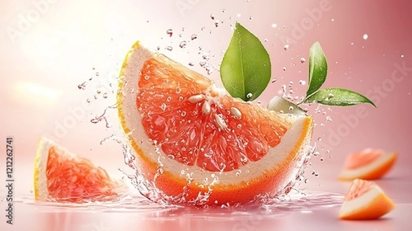 Fototapeta Juicy grapefruit splash, pink background, refreshing drink, healthy food