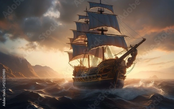 Fototapeta A pirate ship sailing on ocean, created with Generative Ai technology