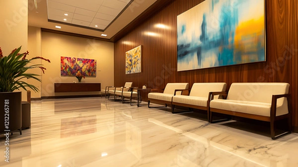 Obraz Modern waiting area with sleek furniture, artwork, and polished floors.