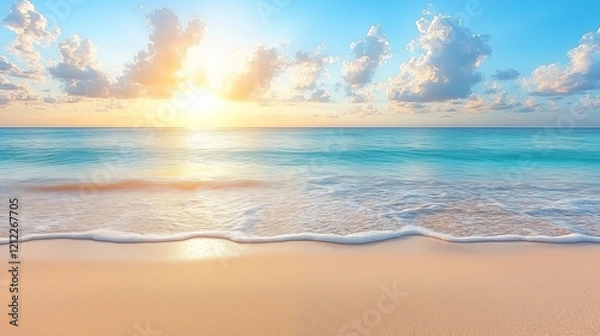 Fototapeta Close-up of sand on the beach, with blurred background of sea and sky, sunny day and clear blue sky