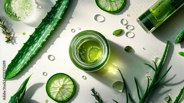 Fototapeta Flat lay of a bottle of aloe vera gel for skin care with a slice of pulp on a white table. Generative AI.