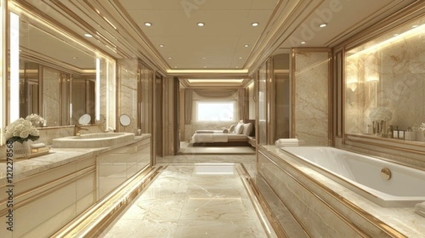 Fototapeta A serene luxury bathroom with soothing colors, a deep soaking tub, elegant marble countertops, and soft lighting, creating the perfect retreat for relaxation and comfort.