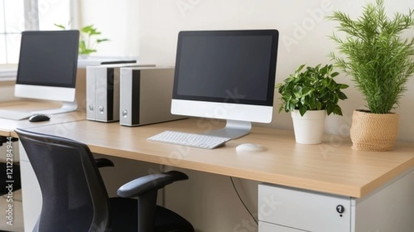 Fototapeta A modern office workspace with computers, plants, and organized storage.