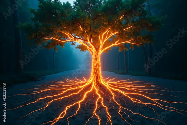 Fototapeta Glowing tree root system resembling electrical grid representing nature's energy connection
