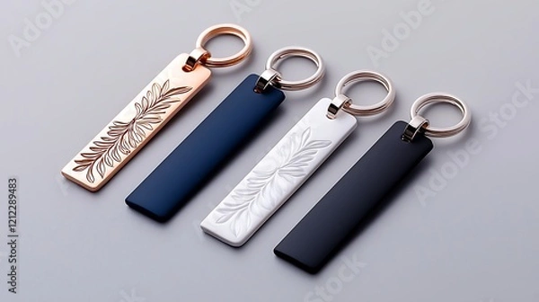 Fototapeta Four stylish rectangular keychains in rose gold, navy, white, and black, featuring an embossed leaf design.
