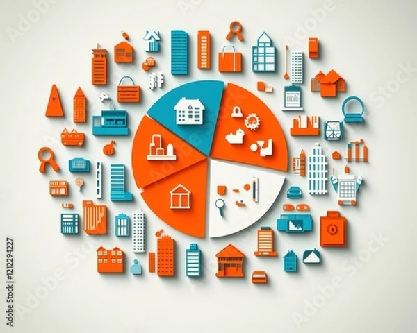 Fototapeta A stylized infographic featuring various building and business icons arranged in a pie chart.