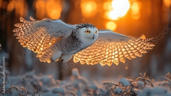 Fototapeta Snowy owl in flight at sunset.