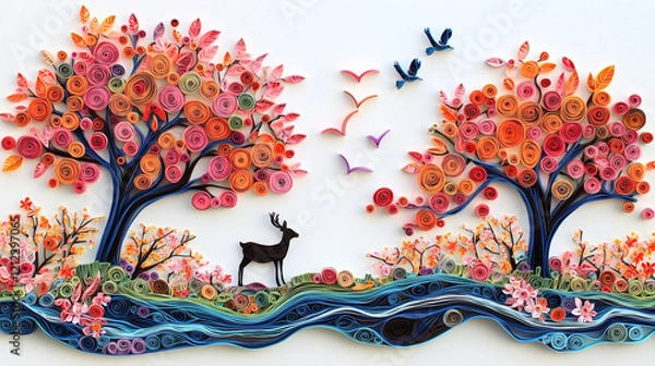 Fototapeta Autumn tree with colorful leaves and birds in a natural landscape