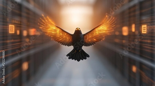 Fototapeta A digital hawk soaring through a corridor of data, symbolizing technology and freedom.