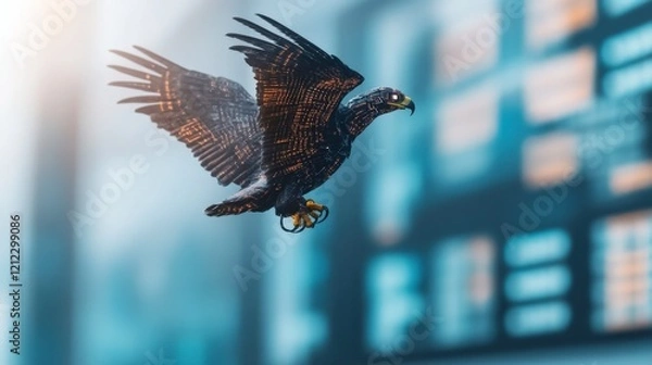 Fototapeta A digital representation of a hawk in flight, showcasing intricate details and textures.