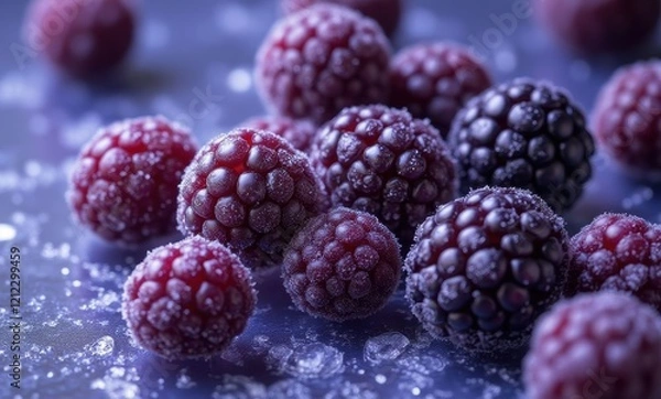 Fototapeta Frozen mixed berries on a cool surface