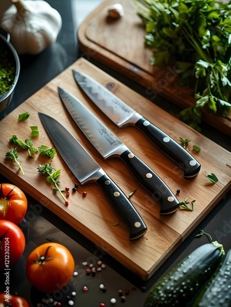 Obraz A couple of Kitchen Knives for chopping vegetables on a wooden cuttting board