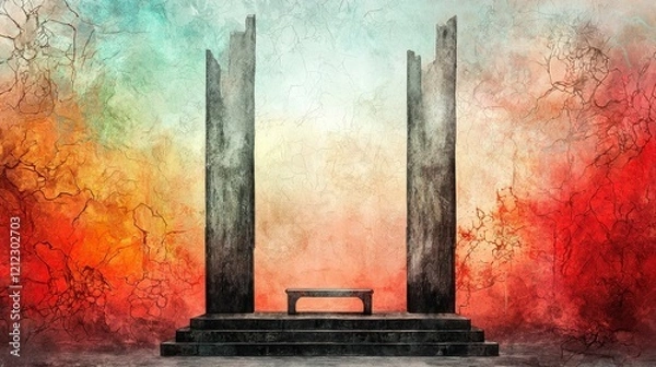 Fototapeta Abstract Art of Stone Pillars with a Bench in Front of Colorful Swirling Background