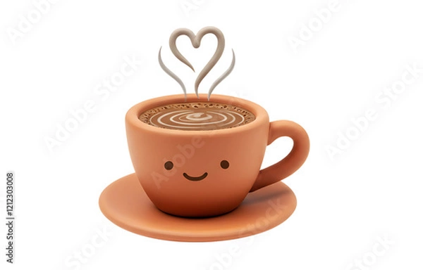Fototapeta Warm Clay Coffee Cup with Heart-Shaped Steam Curl – Cozy Design on White Background