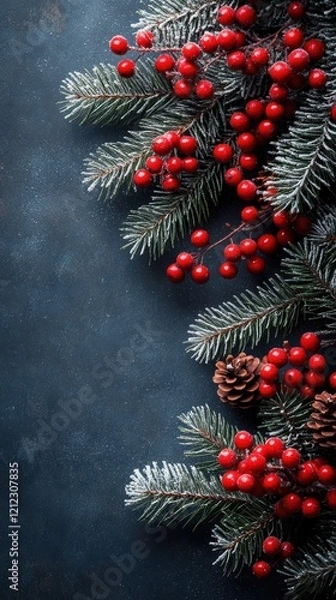 Fototapeta Christmas border with pine branches and red berries for cards