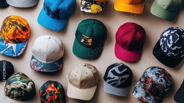 Fototapeta A variety of caps on display including snapbacks beanies and visors in various styles and colors
