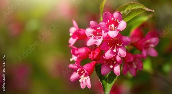 Fototapeta Cluster of vibrant pink flowers in bloom, sunlit background