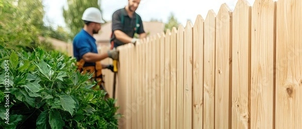 Fototapeta Team of builders erecting a wooden privacy fence in a suburban backyard, lush greenery, Gate fence installation, enhancing privacy