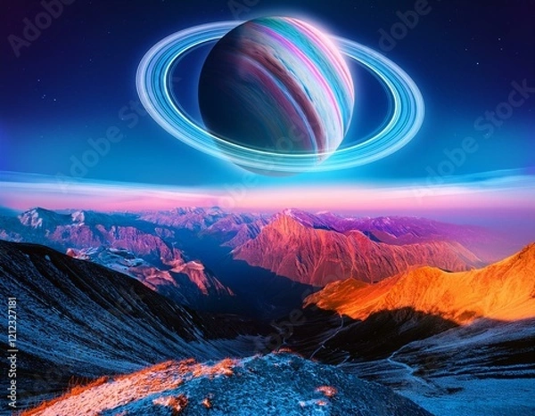 Fototapeta stunning digital landscape featuring glowing planet with rings above colorful mountains creating surreal atmosphere
