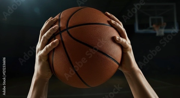 Fototapeta Close-up of hands holding basketball before shooting in dimly lit court