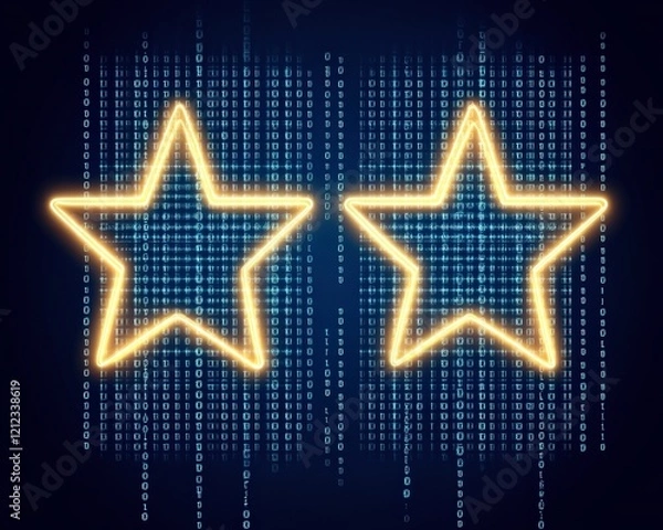 Fototapeta Two glowing stars against a binary code background, symbolizing technology and data.