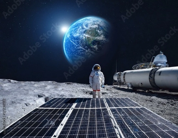 Fototapeta solar panels on a moon base efficiently generate electricity while an astronaut stands on the lunar surface at night gazing at earth illuminated against the starry sky