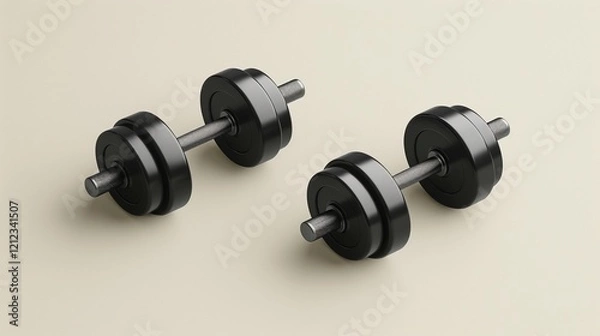 Fototapeta Black dumbbells on beige background image, ai generated. Training arm and shoulders inventory photography scene wallpaper. Benefits of healthy activity and lifestyle concept photorealistic photo