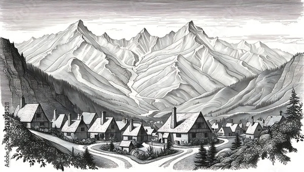 Fototapeta Serene Mountain Village: A Picturesque Landscape