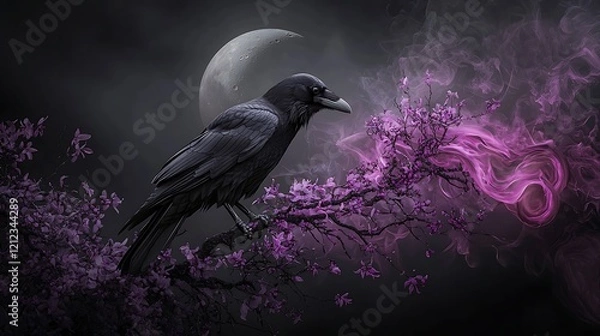 Fototapeta Night raven perched on blooming branch, crescent moon backdrop, mystical smoke. Fantasy art for gothic, fantasy, or mystical themes