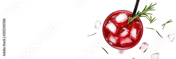 Fototapeta Isolated overhead view of red cocktail with ice and rosemary