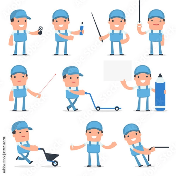 Fototapeta Set of Happy and Intelligent Character Repairman making presenta