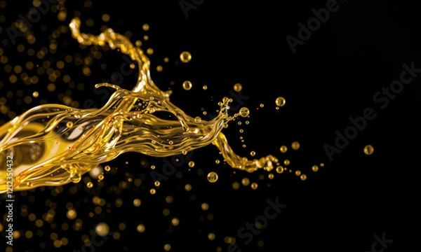 Fototapeta dynamic splash of gold liquid against black background, showcasing fluid motion and vibrant droplets. This captures essence of elegance and energy