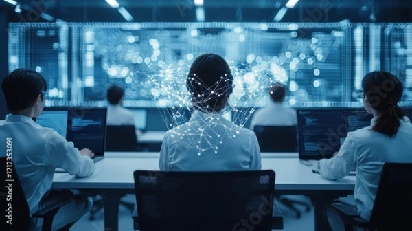 Obraz Global Network Data Analysts Working Late at Night