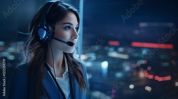 Fototapeta A photo of a girl with a headset offering solution