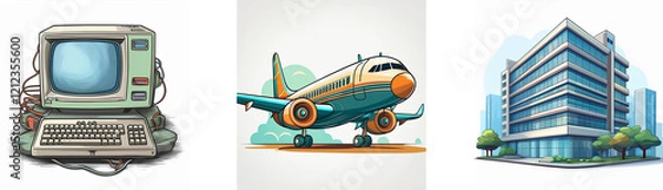 Fototapeta Retro computer, airplane, and modern building illustrate technological advancement and travel.