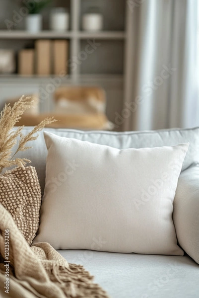 Fototapeta Mockup of a blank white decorative pillow on a soft beige sofa with a textured throw blanket in a cozy living room with neutral tones.  
