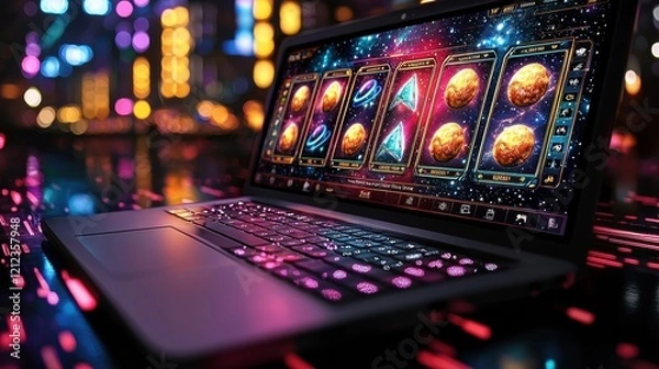 Obraz Vibrant Gaming Laptop Displaying Colorful Slot Machine Graphics