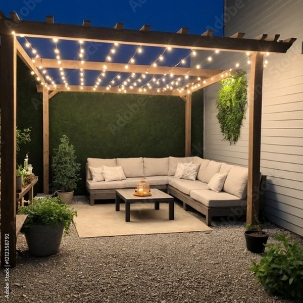Fototapeta A pergola surrounded by greenery, gravel on the ground, simple patio furniture, string lights, night