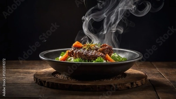 Fototapeta A steaming plate of meat served on a bed of greens, highlighting culinary presentation.