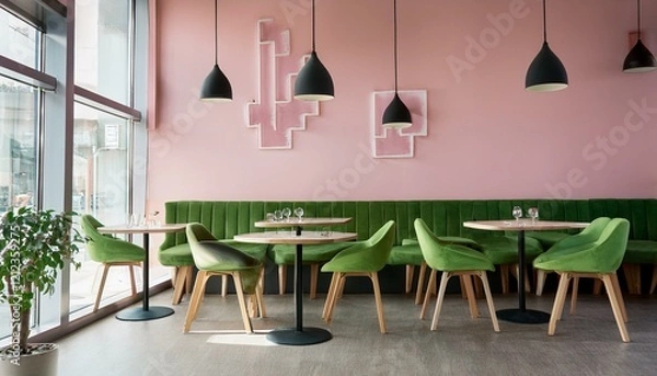 Fototapeta modern cafe interior with pink walls green seating and stylish tables