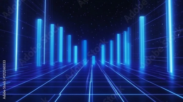 Fototapeta A glowing rising graph with blue bars on a digital grid background 