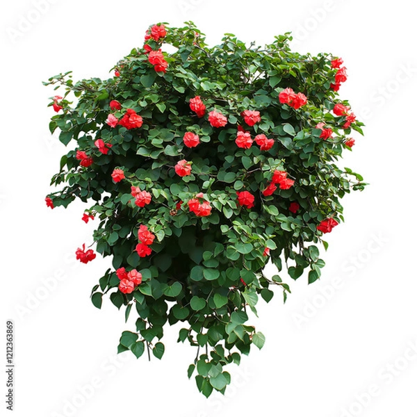 Obraz Ultra HD PNG image of realistic green heavy bush leaves  with small elegant beautiful red flowers isolated on transparent background