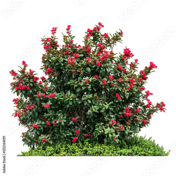 Obraz Ultra HD PNG image of realistic green heavy bush leaves  with small elegant beautiful red flowers isolated on transparent background