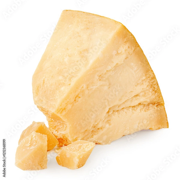 Obraz Isolated Parmesan. Piece of parmesan cheese on white background. Fresh cow milk Parmesan or Grana Padano shards.