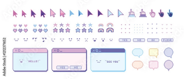 Fototapeta ドット絵　パステルカラーの可愛いインターネット装飾イラストセット　マウスカーソル　ウィンドウ　ピクセル　ファンシー