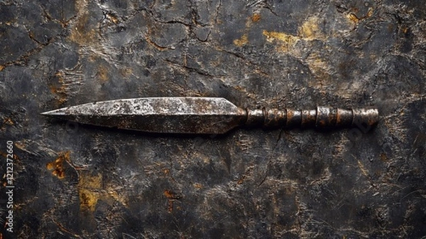 Fototapeta Fantasy dagger with scratched metal texture, rusted grunge dark background."